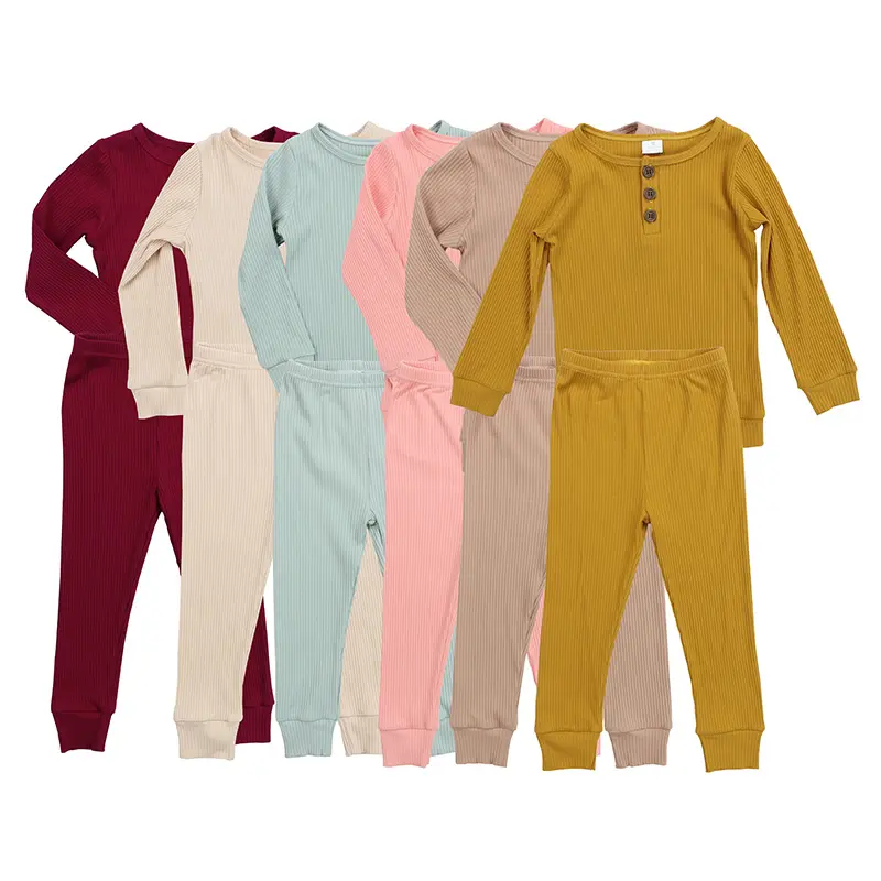 Wholesale Children Boutique Clothing Baby Ribbed Clothes Cotton Top and Pant Outfits Kids Clothes Sets Wholesale with Buttons