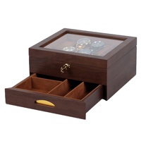 Luxe Bois Laqué Noyer Teck Placage Montre Bijoux Lunettes Affichage Boîte De Rangement Organisateur Avec Tiroir