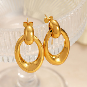 Geometric Gold Plated Stud <b>Earrings</b> Large Oval Hoop Fashion Party Jewelry Stainless Steel <b>Post</b> Zinc Alloy Material - Product Image 1