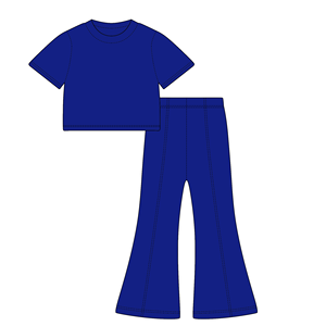 2025 Summer Girl Bell Bottom Outfits 2pcs Algodão Sólido T-shirt Calças Suit Para Crianças Adolescentes Meninas Moda Tricô Roupas - Product Image 4