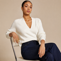 Pull en maille côtelée pour femme, coupe ajustée, col en V, manches longues, léger
