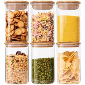 Modern Design Wide Glass Food Storage Container with Wooden Lid and Spoon 250ml Capacity Party Wholesale <b>Set</b> for Kitchen Use - Product Image 1