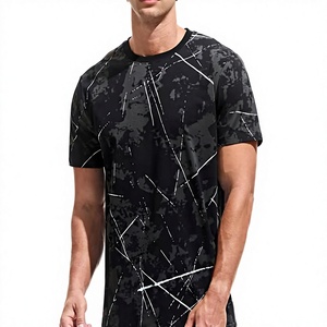 T-shirt à manches courtes pour homme, imprimé géométrique noir, col rond, séchage rapide, coupe sportive, tricoté en polyester - Product Image 1