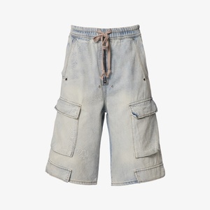 Pantalones Cortos Cargo de Mezclilla para Hombre, Lavado Claro, con Cordón en la Cintura, Múltiples Bolsillos, Holgados, Largos hasta la Rodilla, Estilo Urbano - Product Image 3