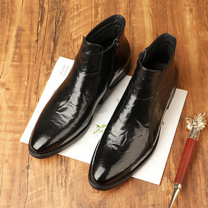 Bottes Chelsea pour hommes, à bout pointu, en cuir véritable, avec fermeture éclair, doublure en fourrure, bottes chaudes isolantes pour l'hiver - Product Image 2