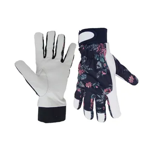 PRI Breathable Goatskin Palm Flower printing Fabric back ladies leather driving gloves gardening gloves kids