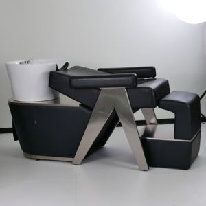 เก้าอี้สระผมบาร์เบอร์หนังหุ้มเบาะเซรามิกสีขาวทันสมัย โครงเหล็กสแตนเลส ปรับเอนได้ครึ่งตัว เฟอร์นิเจอร์ร้านทำผม โรงแรม พาร์ค - Product Image 1