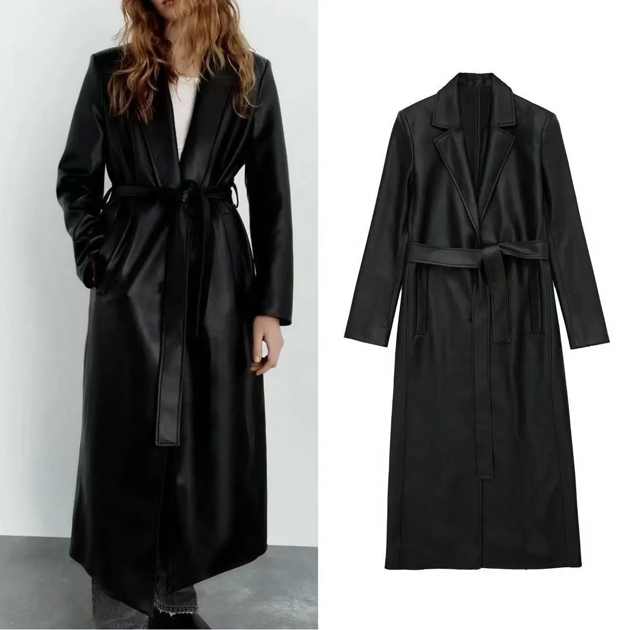 Hochwertige Damen Herbst und Winter neue europäische und amerikanische Mode lässig Retro langen schwarzen Leder Trenchcoat