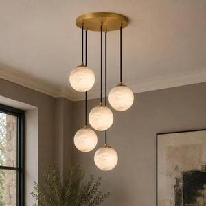 Lustre globe en albâtre avec 3 lumières, grappe de laiton escalonnée, pierre naturelle espagnole, éclairage suspendu de luxe pour un style moderne - Product Image 2