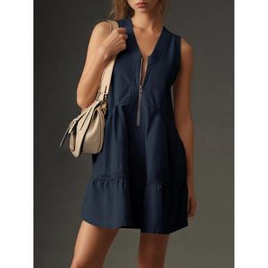 Vestido Mini sin Mangas para Mujer, Cuello en V, Media Cremallera, Corte Holgado, Transpirable, Vestido de Verano con Bolsillos, Azul Oscuro - Product Image 2