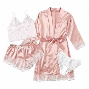 Nightgown Wholesale Pajamas Four Pieces Breathable Lace Satin Elastic Waist Robe Home Wear <b>Silk</b> Sexy Women Night Dress Sleepwear - Product Image 6