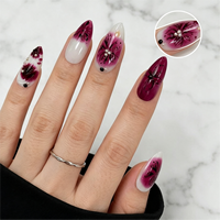 Faux ongles à presser floraux Stiletto Magenta Blanc Noir Ligne Perle Brillant Vente en gros Personnalisé Marque Privée