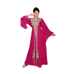 Compre un caftán rosa de gasa con bordado Zari, un vestido elegante para fiestas, modesto y con un diseño fluido y elegante para mujeres. - Product Image 1