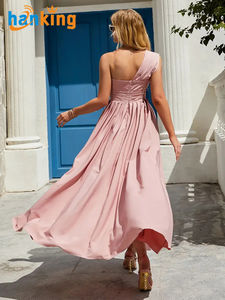 Vestido de fiesta de noche con cuello oblicuo para mujer, vestido liso de un hombro sin mangas, sin espalda, asimétrico, con dobladillo y volantes - Product Image 5