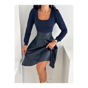 Robe décontractée pour femmes, bleu marine, col carré, manches longues, jupe évasée en cuir - Product Image 5