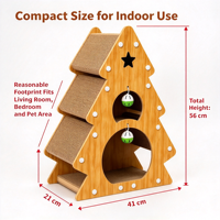 Griffoir pour chat en forme de sapin de Noël, griffoir multi-niveaux en carton ondulé avec niche pour chat et jouet clochette suspendu