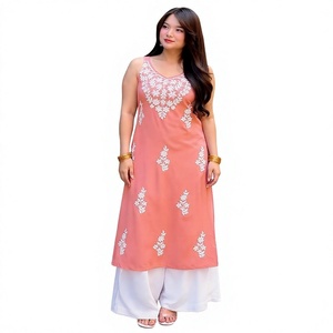 Ensemble de Kurti pour femme en rayonne, longueur standard, broderie blanche, coupe classique, style traditionnel indien pakistanais, pour soirée, séchage rapide, gaufré - Product Image 1