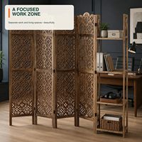 Paravent en bois sculpté à 4 panneaux avec 4 étagères |   Écran de séparation semi-transparent de style Art déco pour la décoration et le rangement