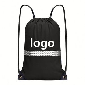 Promotional Work Reflective Strip Black <b>Drawstring</b> <b>Backpack</b> Sack Pack Reusable Polyester Shopping Bag - Product Image 1