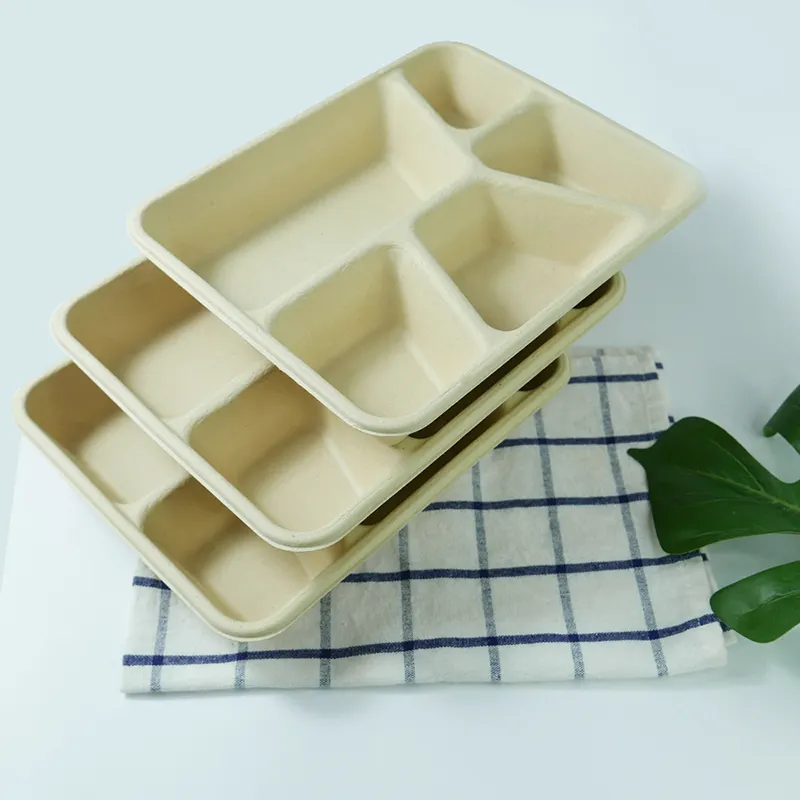 Wholesale Disposable Biodegradable Bamboo Fiber 4-compartment Plate Trays Coffee Serving Tray Bamboo Trays