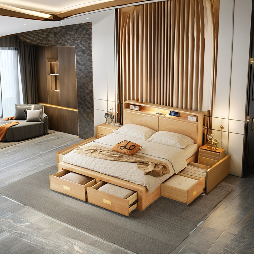 Custom Modern Minimalist Solid Wood Bedroom Furniture Set Queen Single Bed with Soft Storage for Home or Hotels/Apartments