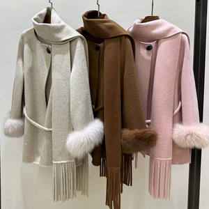 Elegante <span class=keywords><strong>pelliccia</strong></span> di volpe O <span class=keywords><strong>collo</strong></span> <span class=keywords><strong>cappotto</strong></span> doppio lato in lana con cintura da <span class=keywords><strong>donna</strong></span> <span class=keywords><strong>cappotto</strong></span> in Cashmere con sciarpa - Product Image 2