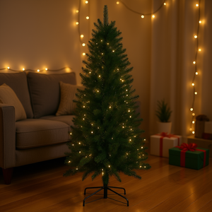 ต้นคริสต์มาสประดิษฐ์พร้อมไฟ 6 ฟุต สีเขียว สำหรับตกแต่งภายในในช่วงเทศกาล พร้อมกิ่งก้านเสมือนจริง ไฟ LED สีวอร์มโกลว์ ฐานตั้งพื้น - Product Image 2