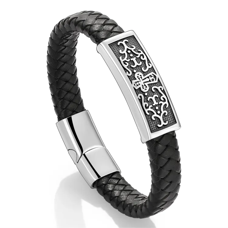 Custom Luxury Black leather stainless steel jewelry wholesale mens bracelets for men with Gift Box HaoSen Jewelry