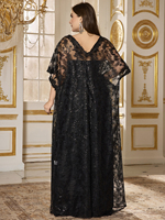 Robe de soirée formelle à deux pièces, taille plus, noire, sans bretelles, avec broderie de paillettes, double portée avec châle, motif floral coupé aléatoirement