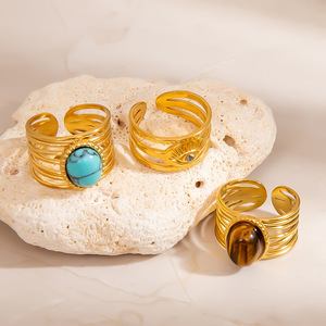 <b>Titanium</b> Steel <b>Ring</b> Eye Shape 18K Gold Plated Prong Setting Unisex Jewelry Gift - Product Image 3