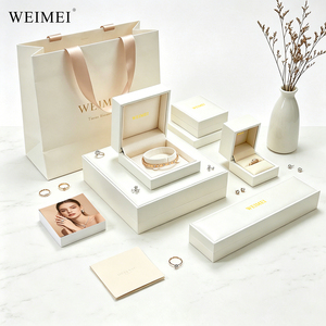 WEIMEI Elegant Ivory PU Leather Jewelry Box with Silk <b>Ribbon</b> Paper Bag <b>Wedding</b> Engagement Ring Necklace Gift Packaging Box - Product Image 1