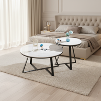 Ensemble de meubles de salon blancs modernes et durables, 2 tables basses hautes et basses, pieds en acier inoxydable ; table basse en dalle de pierre facile à nettoyer