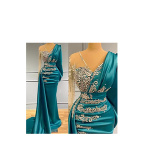 Elegante Vestido de Noche Formal de Lujo, Estilo Sirena, Color Verde Azulado, Satinado, Cuello Alto, Adornado con Pedrería, Largo hasta el Suelo, Manga Larga - Product Image 1