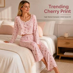Pyjama femme 2 pièces doux et long pour l'hiver, avec imprimé floral à pois, bordure festonnée, taille élastique et dentelle contrastante - Product Image 1
