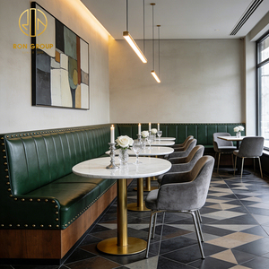 Muebles de Restaurante Modernos de Mediados de Siglo, Banqueta de Cuero Verde a Rayas y Sillas de Terciopelo Gris con Mesa de Piedra para Cafetería - Product Image 3