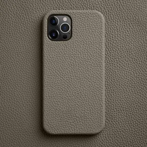 Custom Design Logo Man Stick Hard Real Pebble Grain Genuine Leather Phone Case For Iphone 14