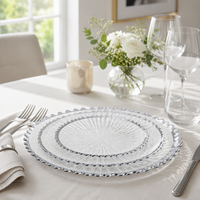 Ensemble d'assiettes en verre de luxe de 6, 8, 11 et 13 pouces avec bordure argentée transparente, assiettes à rebord festonné pour la décoration de table de mariage