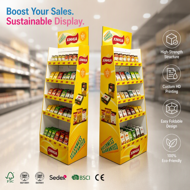 Cardboard Floor Display Retail POS Display Rack, Custom Printed Corrugated 5-Tier Grocery Unit, Food t Merchandising Branded
