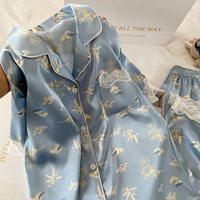 Pyjama d'été chinois antique, nouveau, à manches courtes, ensemble de vêtements de maison, petites fleurs fraîches, soie glacée, sensation de fraîcheur, taille élastique