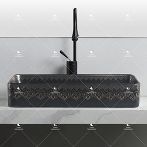 Lavabo de Cerámica Hecho a Mano con Forma Rectangular Yeson, Lavabo de Porcelana Negro y Dorado para Baño, Lavabo Artístico para el Hogar - Product Image 2