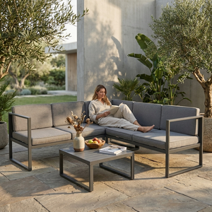 Ensemble <span class=keywords><strong>de</strong></span> canapé d'extérieur moderne en forme <span class=keywords><strong>de</strong></span> L, structure en acier, canapé d'angle modulable, table basse, confortable, minimaliste, pour cour, <span class=keywords><strong>jardin</strong></span>, terrasse - Product Image 2