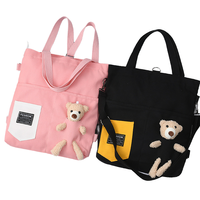 Sac fourre-tout en toile pour femme avec breloque ours en peluche, sac à bandoulière mignon, sac de shopping, sac de voyage quotidien avec fermeture éclair