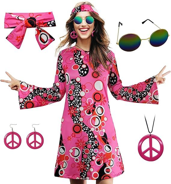 70s Hippie Dress Costumes Necklace Earrings Sunglass Women Disco Outfit 60s Party Costume Halloween Retro Dresses