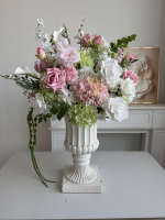 Arrangement floral artificiel bleu et blanc de lys calla, roses et hortensias, centre de table en soie pour mariage, hôtel, événementiel