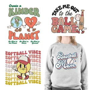 Softball Vibes Iron On Baseball Mom desain DTF Transfer panas cetak Softball stiker Transfer panas wajah untuk T-shirt