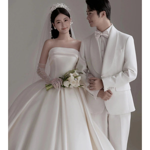 French Strapless Light Wedding Dress Natural Waistline Satin Train Elegant Simple White Gown For Petite Brides - Product Image 1