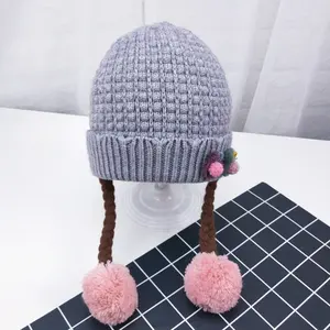 Bella treccia con due sfere cappelli di inverno per i bambini del bambino del knit cappelli