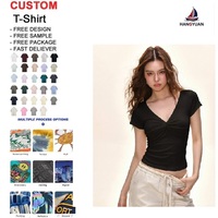 T-shirt court d'été pour femme à col en V et torsion sur le devant, haut ajusté à manches courtes avec couture aux épaules, T-shirts pour femme à manches courtes