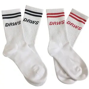 DRWS 2 pairs men's athletic basketball tennis cushioned quick dry crew socks 2 size red/black stripe