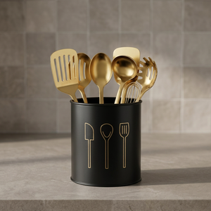 Porte-ustensiles cylindrique noir avec icônes dorées pour couverts – Support de rangement minimaliste pour cuillères, spatules et fourchettes - Product Image 5